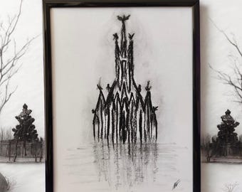 Original kolteckning - Gotisk katedralsilhuett och vattenreflektion