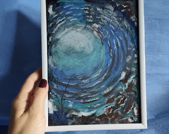 Origineel schilderij van een zeekolk met zachte pastelkrijt | Muurdecoratie met oceaanmotief | Gesigneerd waterlandschap op zwart papier
