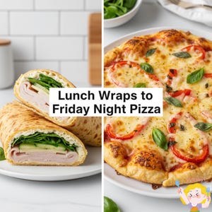 May include: A split image featuring a wrap sandwich and a pizza. The wrap is filled with meat, cucumber, and leafy greens. The pizza has cheese, tomato slices, and basil. Text reads "Lunch Wraps to Friday Night Pizza."