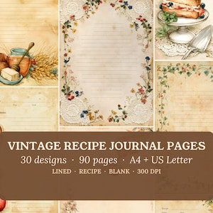 Può includere: Una collezione di pagine per diario di ricette vintage con 30 design e 90 pagine in formato A4 e US Letter. La cancelleria include formati a righe, per ricette e vuoti con illustrazioni di pane, miele, torta e bordi floreali. Testo: VINTAGE RECIPE JOURNAL PAGES 30 designs 90 pages A4 + US Letter LINED RECIPE BLANK 300 DPI.