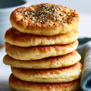 May include: A vertical stack of six round, golden-brown flatbreads. The top flatbread is seasoned with a visible mixture of dark herbs, black pepper, and sesame seeds. Each flatbread has a soft, slightly uneven texture with browned edges.