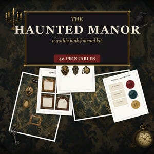 Può includere: Un kit per junk journal digitale intitolato The Haunted Manor con 40 pagine stampabili. Il kit include immagini di cornici ornate, un battente a forma di leone, una serratura, un orologio da taschino, biglietti da visita e sigilli in cera.