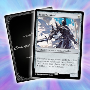 May include: A Magic: The Gathering card featuring "Esper Sentinel" with a detailed illustration of a knight in silver armor. The card is an artifact creature, with the text "Enchanted Card Gallery" at the bottom. A black card back is visible.