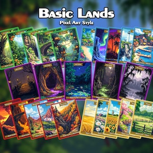 Puede incluir: Una colección de cartas coleccionables rectangulares con paisajes en pixel art, organizadas por bordes codificados por colores. El texto "BASIC LANDS" y "Pixel Art Style" aparece en la parte superior. Las cartas representan diversas escenas naturales, incluyendo bosques, islas, pantanos, montañas y llanuras.