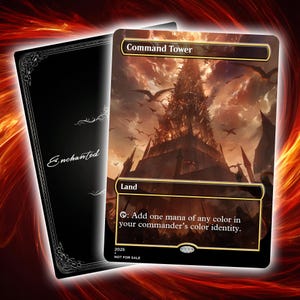 May include: A Magic: The Gathering card featuring a detailed illustration of a tall, dark tower under a dramatic sky filled with flying creatures. The card is labeled "Command Tower" and "Land". The back of the card is black with the word "Enchanted" in white.