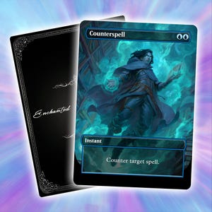 May include: A collectible card featuring a wizard casting a spell, with the word "Counterspell" at the top. The card has a blue and black border with the word "Instant" and the text "Counter target spell."