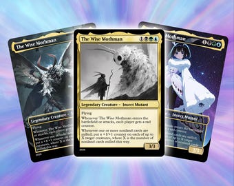 May include: Three Magic: The Gathering trading cards featuring the Wise Mothman. The cards display illustrations of the Mothman creature in various artistic styles, with text describing game mechanics and creature stats. The cards are set against a purple and blue background.