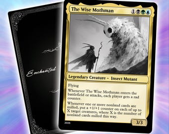 May include: A Magic: The Gathering card featuring "The Wise Mothman" with a black and white illustration of a moth-like creature. The card has a gold border and includes game text. The card's back is black with the word "Enchanted".