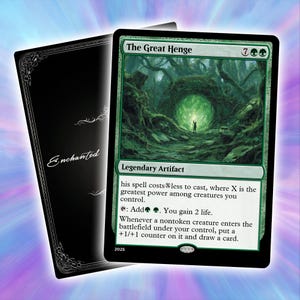 May include: A Magic: The Gathering card titled "The Great Henge" with a green and black design. The card features a green landscape with a glowing portal. The card's text includes game instructions and the text "Legendary Artifact". The card is next to a black card with the word "Enchanted".