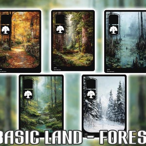 May include: Five rectangular cards featuring forest landscapes. Each card has a black border and a white tree logo in the upper section. The bottom of the cards read "BASIC LAND - FOREST". The landscapes depict various forest scenes.