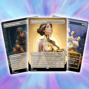 May include: Three "Smothering Tithe" trading cards. The cards feature fantasy art of a warrior, a woman in gold, and ducks. Each card has the text "Enchantment" and other game-related text. The cards are set against a purple and blue background.