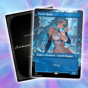 May include: A fantasy art card featuring a blue-haired Faerie Rogue with a white and blue outfit. The card text reads "Faerie Rogue", "Token Creature - Faerie Rogue", and "Flying". The card's back is black with the word "Enchanted".
