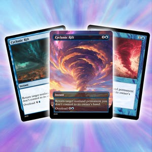 May include: Three Magic: The Gathering cards featuring the "Cyclonic Rift" spell. The central card displays a swirling vortex illustration with text. The other two cards show similar artwork. The cards are set against a gradient background.