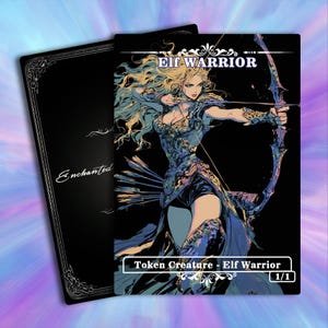 May include: A black card featuring an illustration of an Elf Warrior with a bow and arrow, with the text "Elf Warrior" at the top. The card also has the text "Token Creature - Elf Warrior" and "1/1". The other card has the word "Enchanted".