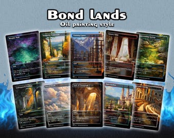 May include: A collection of nine trading cards with landscape art in an oil painting style. The cards feature various scenes, including a pool, a promenade, a training center, and a luxury suite. The text "Bond Lands" and "Oil Painting Style" are at the top.
