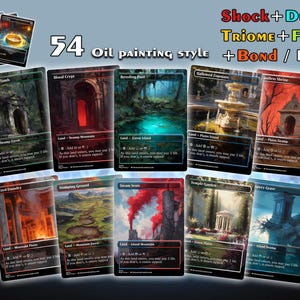 May include: A collection of 54 trading cards featuring oil painting style artwork of various landscapes. The cards display names like Overgrown Tomb, Blood Crypt, and Breeding Pool, with text detailing land types and game mechanics in a dark border.