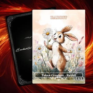 Rabbit Token MTG (1/1)- Full Art Custom Magic Proxies - Tokens for your Favorite Decks,Cheerful Watercolor Rabbit in Flower Field