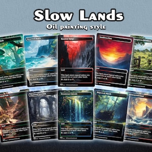 May include: A collection of ten rectangular trading cards arranged in two rows, featuring oil painting style landscapes. The text "SLOW LANDS" and "OIL PAINTING STYLE" appears at the top. Each card displays a unique scene, including forests, beaches, mountains, and shipwrecks, with black borders and game text at the bottom.