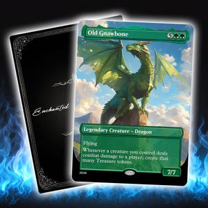 May include: A Magic: The Gathering card featuring a green dragon, titled "Old Gnawbone." The card has a green border and text that reads "Legendary Creature - Dragon." A black card with the word "Enchanted" is behind the dragon card.