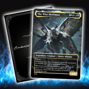 May include: A collectible card featuring "The Wise Mothman," a legendary insect mutant with a detailed illustration. The card has a black border and includes game text. The card's power and toughness are 3/3.