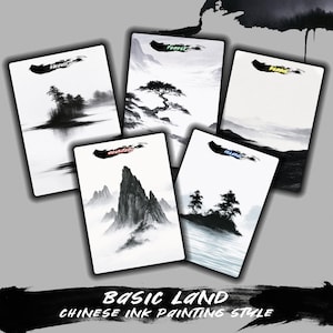 May include: Five rectangular cards featuring black and white ink wash landscape illustrations. Each card displays a specific terrain type labeled as Swamp, Forest, Plains, Mountain, and Island. The bottom text reads BASIC LAND CHINESE INK PAINTING STYLE.