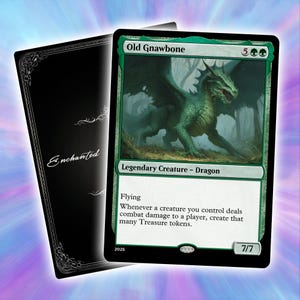 May include: A Magic: The Gathering card featuring a green dragon named "Old Gnawbone." The card has a black border and includes the text "Legendary Creature - Dragon." The card's power and toughness are 7/7. The word "Enchanted" is on the back of the card.
