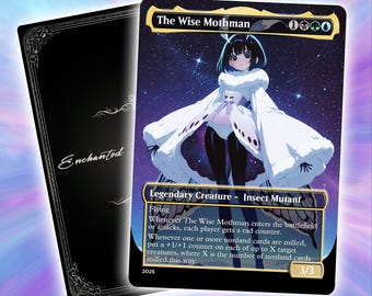 May include: A collectible card featuring "The Wise Mothman," a legendary insect mutant character with a white and black color scheme. The card has a 3/3 power and toughness, with the text "Enchanted" on the back.