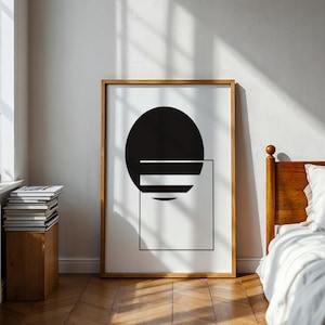 Minimalist Geometric Wall Art Print, Abstract Black Circle and Square Design, Modern Monochrome Home Decor