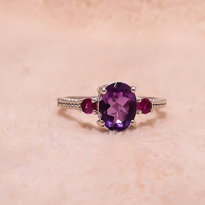Handmade Natural  Amethyst Ring – Ruby Accent Stones, 925 Sterling Silver February Birthstone
