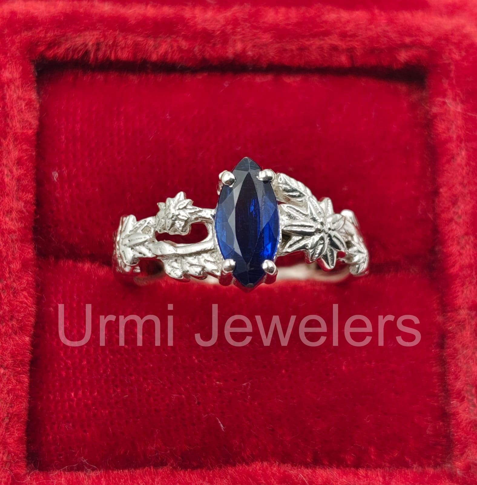 サファイア　リング　マーキス　silver925 指輪 ハンドメイド マーキスブルーサファイア リーフリング、925