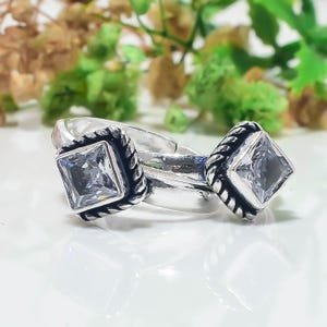 Solid Handmade 925 Sterling Silver Clear Simulated Stone Toe Ring, Adjustable Vintage Boho Foot Jewelry, Artisan Statement Toe Ring Gift