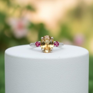 Natural Citrine Ring with Ruby Stone - Handmade Sterling Silver Wedding Gift