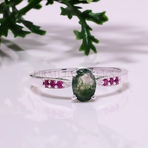Oval Moss Agate Ruby 925 Sterling Silver Ring Dainty Multi-Stone Artisan Jewelry Gift
