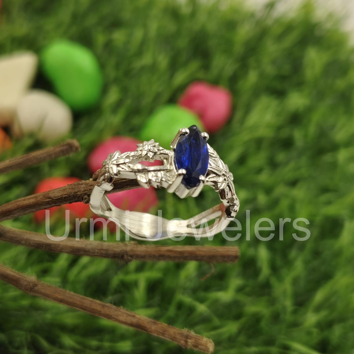 ハンドメイド マーキスブルーサファイア リーフリング、925