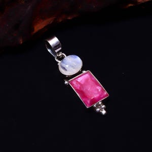 Regenbogen Mondstein & Rubin Anhänger | Handmade Sterling Silber Edelstein-Halsketten-Charme | Geschenk für Sie