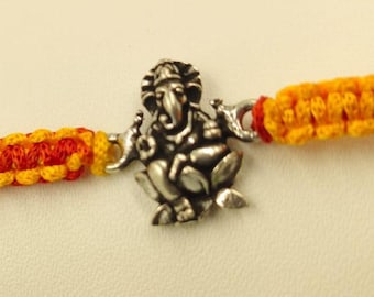 Sterling Silver Ganesha Charm Bracelet, Colorful Thread Jewelry