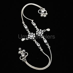 Dazzling Cubic Zirconia Solid Silver Anklets, Intricate Geometric Design, Delicate Foot Chain, Handcrafted Ethnic Anklet
