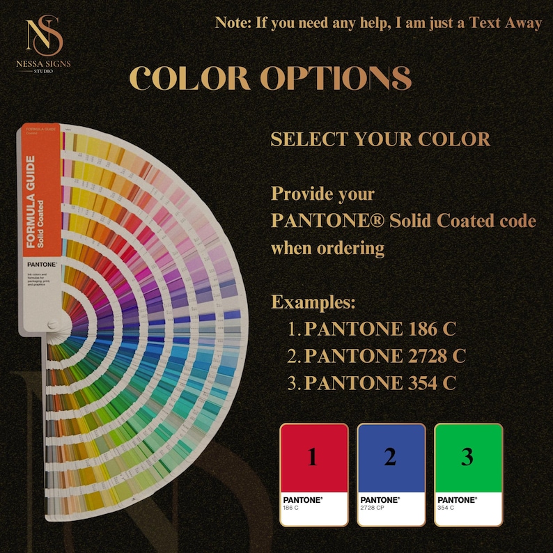 May include: A colour chart displaying a spectrum of shades, labelled "Color Options." It includes a Pantone colour guide and examples of colour codes. The image also features the text "Nessa Signs Studio."