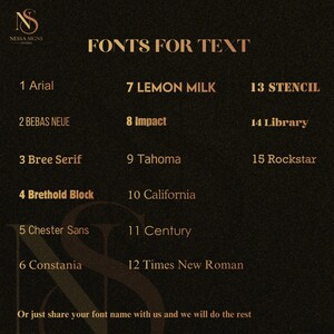 May include: A graphic displaying a selection of fonts, including Arial, Bebas Neue, Bree Serif, Brethold Block, Chester Sans, Constania, Lemon Milk, Impact, Tahoma, Stencil, Library, Rockstar, California, Century, and Times New Roman. Gold text on a dark background.