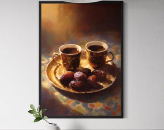 Arabic Coffee and Dates Wall Art - Middle Eastern Coffee Print, Arabian Kitchen Decor, Traditional Dallah Art, Ethnic Home Artwork, Qahwa