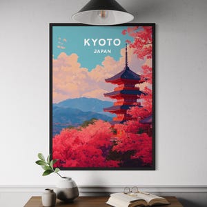 Kyoto Japan Travel Poster – Japanese Temple Wall Art, Autumn Foliage Print, Japan Decor, Pagoda Art, Kyoto Print, Cherry Blossoms Flower Art