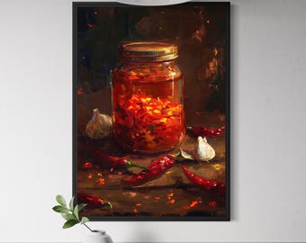 Asian Chili Oil Art Print - Kitchen Wall Art, Chili Oil Jar Illustration, Southeast Asia Cooking Decor, Red Chili Oil Food Poster, China