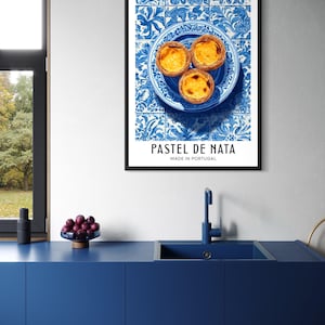 Illustration of Portuguese pastel de nata custard tarts arranged on a blue ceramic plate, with traditional blue azulejo tiles in the background, bright clean poster style.