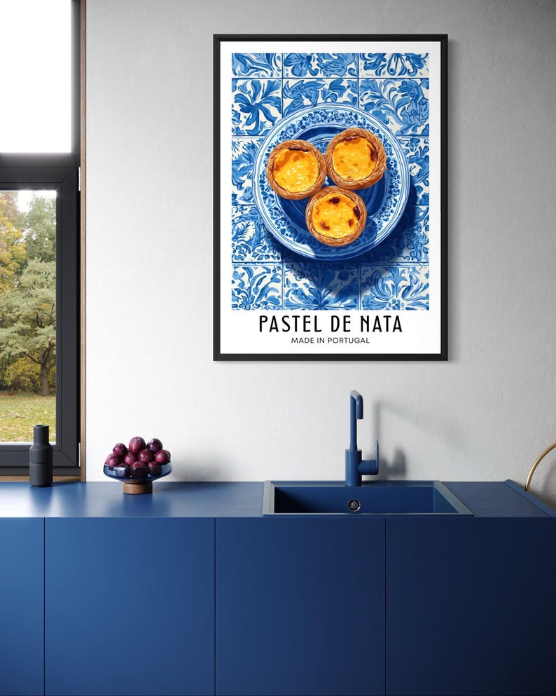 Illustration of Portuguese pastel de nata custard tarts arranged on a blue ceramic plate, with traditional blue azulejo tiles in the background, bright clean poster style.