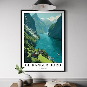 Art mural du Geirangerfjord Norvège – affiche de voyage dans les fjords, impression paysage nordique, décoration nature Europe, oeuvre d'art montagne pittoresque, idée cadeau Norvège
