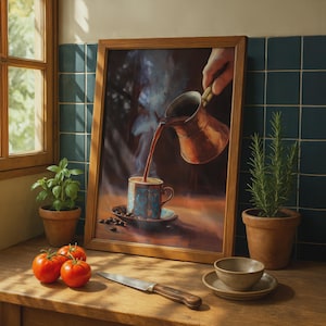 May include: A framed painting depicting a copper pot pouring steaming dark coffee into a patterned ceramic cup on a saucer. The artwork is displayed on a wooden surface alongside two potted plants, three red tomatoes, a knife, and a small bowl.