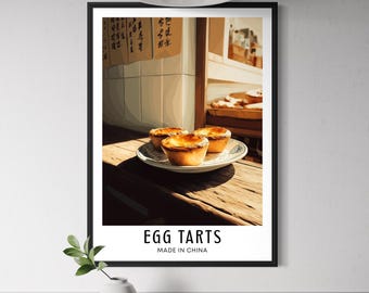 Chinese Egg Tarts Art Print - Cantonese Dessert Wall Art, Hong Kong Bakery Illustration, Asian Kitchen Decor, China Restaurant Poster