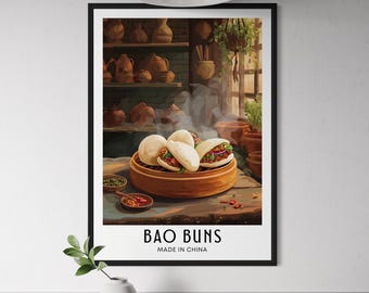 Póster de comida Bao Buns - Arte mural de comida callejera china, decoración de cocina asiática, lámina de dim sum, obra de arte de cocina oriental, arte de comida china, regalo gastronómico