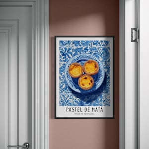 Illustration of Portuguese pastel de nata custard tarts arranged on a blue ceramic plate, with traditional blue azulejo tiles in the background, bright clean poster style.