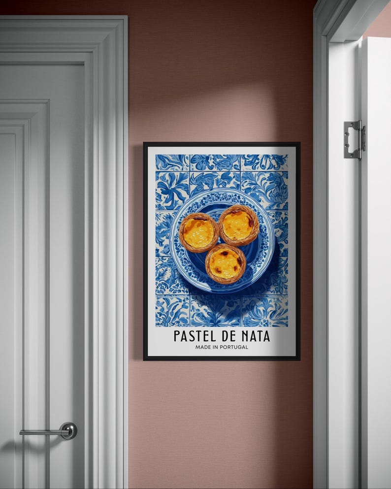 Illustration of Portuguese pastel de nata custard tarts arranged on a blue ceramic plate, with traditional blue azulejo tiles in the background, bright clean poster style.